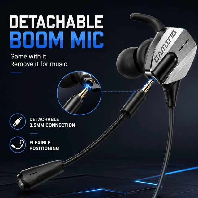 Alt view image 2 of 5 - Rosmas Wired Gaming Earbuds, Dual Mic, Detachable Boom Mic, 3.5mm Plug
