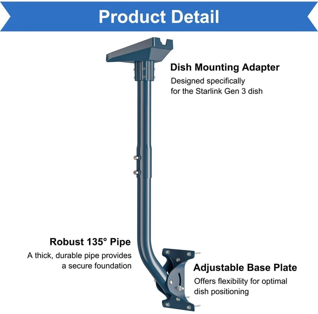Alt view image 2 of 5 - IZLTUV Starlink Gen 3& Gen 4/4X Mount Adapter, 15.7" Heavy Duty Steel Pivot Pole Pipe with Adjustable Base, Wall Mount Kit Compatible with Starlink V3/V4/4X Standard DishExtended