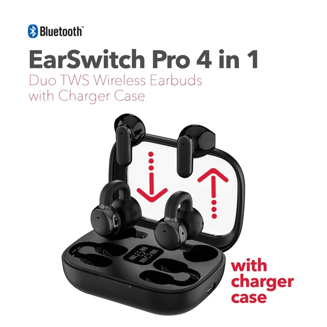 Alt view image 3 of 5 - RCA EarSwitch Pro 4-in-1 Duo TWS Wireless Earbuds, Bluetooth 5.4 Open-Ear & in-Ear Dual Buds with LED Charging Case, Touch Control, Built-in Mic, 6H Playtime for Sport & Office (Black)