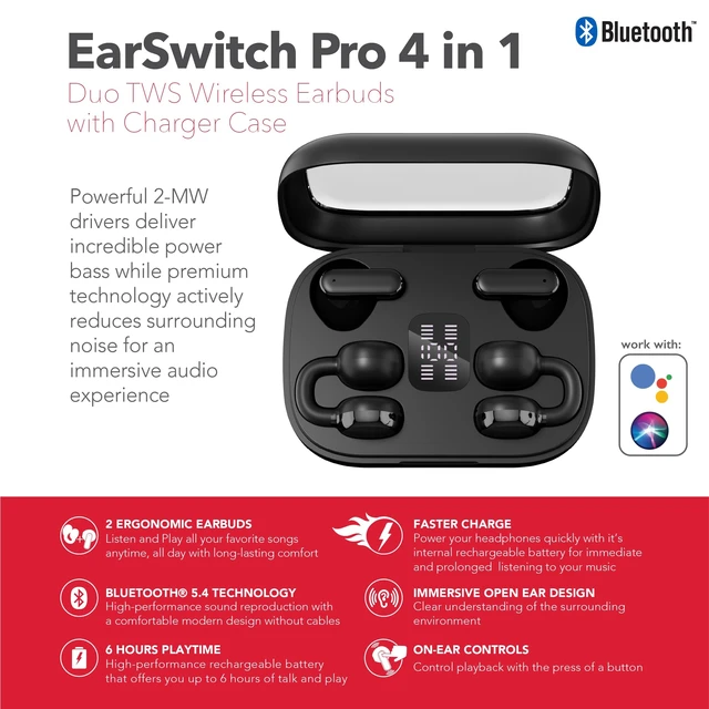 Alt view image 4 of 5 - RCA EarSwitch Pro 4-in-1 Duo TWS Wireless Earbuds, Bluetooth 5.4 Open-Ear & in-Ear Dual Buds with LED Charging Case, Touch Control, Built-in Mic, 6H Playtime for Sport & Office (Black)