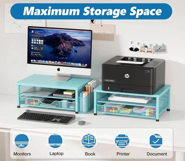 Alt view image 3 of 5 - OPNICE Computer Monitor Stand Riser, Desk Organizer with Drawer, Printer & Laptop Stand, Office Desk Accessories & Workspace Desktop Organizers Storage for Office Supplies(Blue)