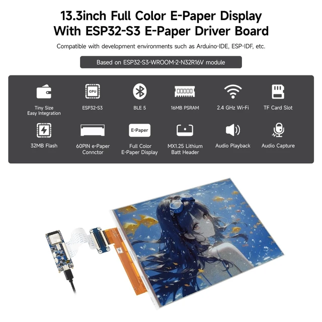 Alt view image 3 of 5 - KLAYERS 13.3inch Full Color E-Ink Display with ESP32-S3 Driver Board, E Ink Spectra 6, Audio Codec