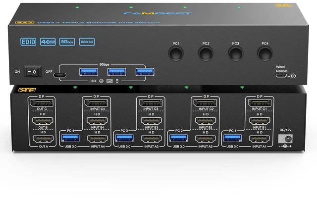 Main image of KVM Switch 3 Monitors 4 Computers 4K@60Hz EDID Simulation, 2 HDMI and Displayport Triple Monitor KVM Switch 4 Computers Share 3 Monitor and 4 USB3.0 Port, Wired Remote and 4 USB Cables Included