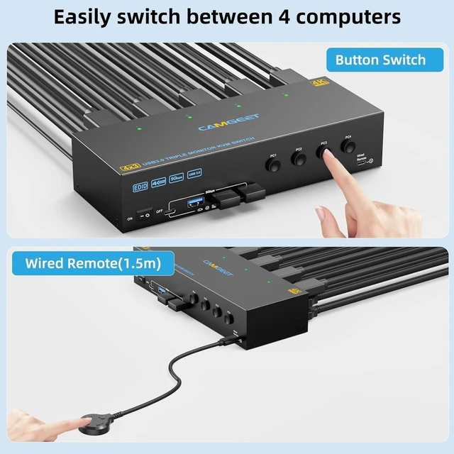 Alt view image 5 of 5 - KVM Switch 3 Monitors 4 Computers 4K@60Hz EDID Simulation, 2 HDMI and Displayport Triple Monitor KVM Switch 4 Computers Share 3 Monitor and 4 USB3.0 Port, Wired Remote and 4 USB Cables Included
