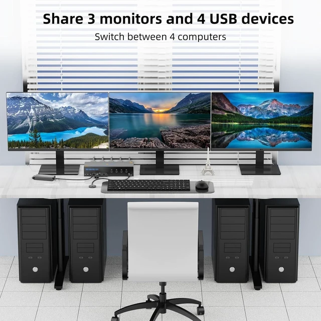 Alt view image 2 of 5 - KVM Switch 3 Monitors 4 Computers 4K@60Hz EDID Simulation, 2 HDMI and Displayport Triple Monitor KVM Switch 4 Computers Share 3 Monitor and 4 USB3.0 Port, Wired Remote and 4 USB Cables Included