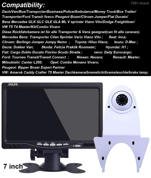 Alt view image 2 of 5 - Universal Camera Car Top Mount Rear View Reverse Parking Camera,Replacement for Citroen Berlingo Jumper Jumpy Nemo Dacia Dokker Van Nissan Navara HD All RV Models (White Camera with 7 inch Monitor)