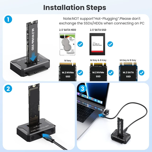 Alt view image 5 of 5 - M.2 NVMe SATA SSD Enclosure Hard Drive Reader,10Gbps USB 3.2 Gen 2 USB to NVMe SATA Adapter SSD Reader For M.2 NVMe SATA M-Key B&M-Key and 2.5" SATA HDD/SSD, Support M.2 Size 2230 2242 2260 2280 22110