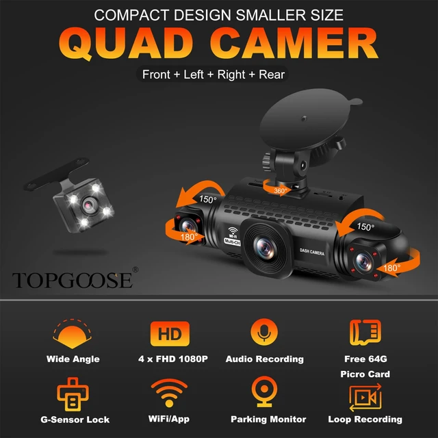Alt view image 2 of 5 - 4 Channel Dash Cam 360 View,TOPGOOSE 2K Front and Rear Inside, Left Right Dash Camera for Cars,8 IR Lamps Night Vision,5G WiFi & APP Control,G-Sensor,Parking Mode,with a Free 64GB SD (3.18 inches)