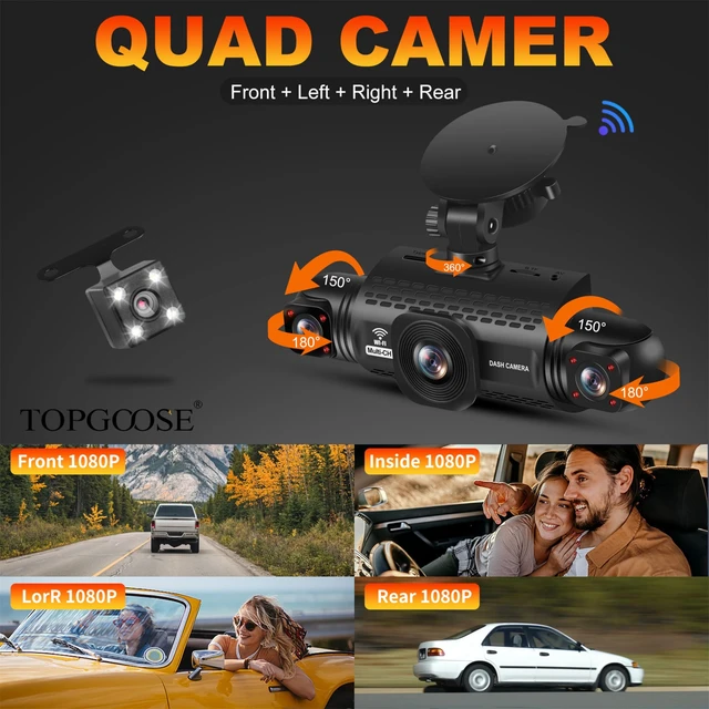 Alt view image 3 of 5 - 4 Channel Dash Cam 360 View,TOPGOOSE 2K Front and Rear Inside, Left Right Dash Camera for Cars,8 IR Lamps Night Vision,5G WiFi & APP Control,G-Sensor,Parking Mode,with a Free 64GB SD (3.18 inches)