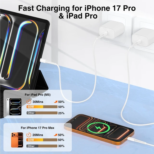 Alt view image 3 of 5 - 60w USB C Cable for iPhone 17e, 4Pack 3/6/6/10Ft Purple-Blue-White-White