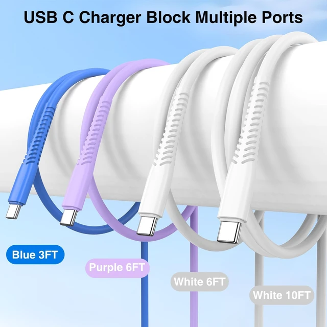 Alt view image 2 of 5 - 60w USB C Cable for iPhone 17e, 4Pack 3/6/6/10Ft Purple-Blue-White-White
