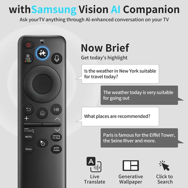 Alt view image 2 of 5 - Solar Remote Replacement for Samsung Smart TV, Voice & AI Smart Control with Pointer Function, 4 Shortcut Buttons, USB-C Rechargeable, Works with Neo QLED, QLED, Frame & Crystal UHD TVs