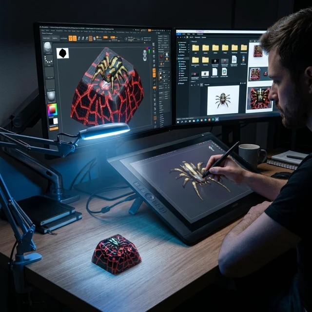 Alt view image 4 of 5 - WEDIWALL Luxury Spider Artisan Keycap - Handmade Resin Custom Keycap for Mechanical Keyboards, Backlit Shine-Through Glowing Red Web & Gold Spider Design, Compatible with Cherry MX Switches (ESC Key)
