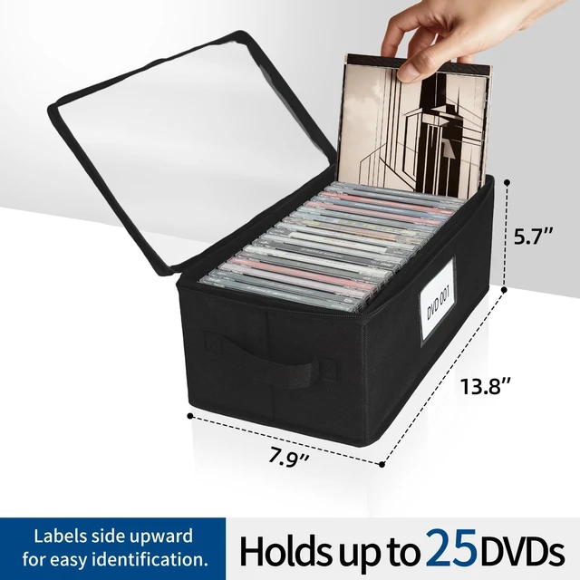 Alt view image 4 of 5 - ComfortKeeper 4 Pack Durable Fabric DVD Storage Box with Clear PVC Lid, Holds 25 Standard DVD Cases, Sturdy Non-Woven Fabric with Cardboard Support for Movie Collection, Black