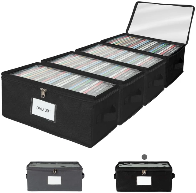 Main image of ComfortKeeper 4 Pack Durable Fabric DVD Storage Box with Clear PVC Lid, Holds 25 Standard DVD Cases, Sturdy Non-Woven Fabric with Cardboard Support for Movie Collection, Black