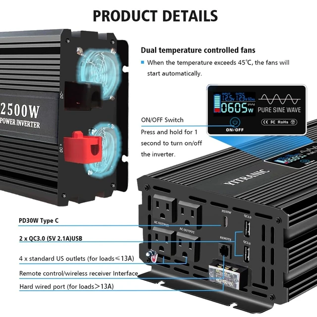 Alt view image 2 of 5 - YITRANIC 2500W Upgraded 2000 watt Pure Sine Wave Inverter 12V DC to 120V AC with164ft Wireless LCD Remote, USB/Type-C Fast Charging, Hardwire Port for RV, Home Emergency, Off-Grid Solar