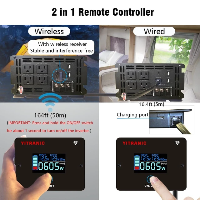 Alt view image 3 of 5 - YITRANIC 2500W Upgraded 2000 watt Pure Sine Wave Inverter 12V DC to 120V AC with164ft Wireless LCD Remote, USB/Type-C Fast Charging, Hardwire Port for RV, Home Emergency, Off-Grid Solar
