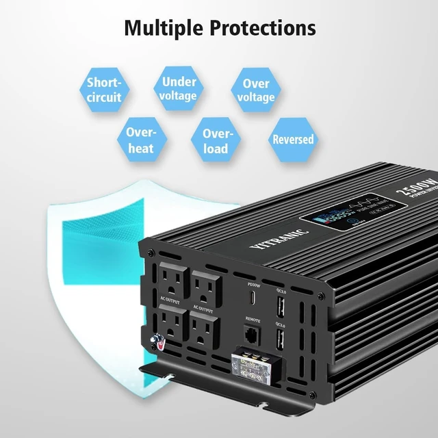 Alt view image 5 of 5 - YITRANIC 2500W Upgraded 2000 watt Pure Sine Wave Inverter 12V DC to 120V AC with164ft Wireless LCD Remote, USB/Type-C Fast Charging, Hardwire Port for RV, Home Emergency, Off-Grid Solar