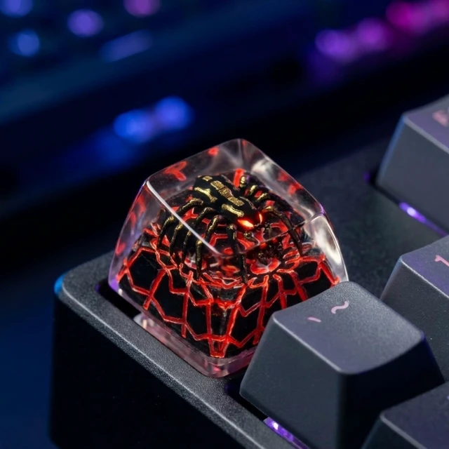 Alt view image 5 of 5 - WEDIWALL Luxury Spider Artisan Keycap - Handmade Resin Custom Keycap for Mechanical Keyboards, Backlit Shine-Through Glowing Red Web & Gold Spider Design, Compatible with Cherry MX Switches (ESC Key)