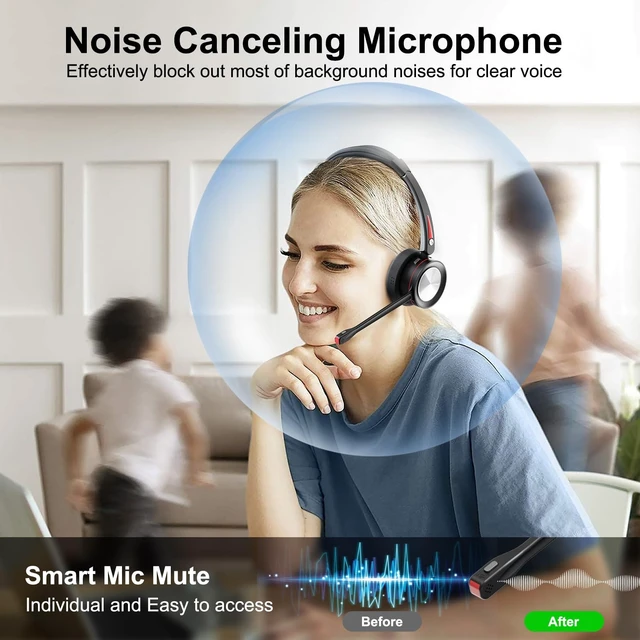 Alt view image 2 of 5 - Beebang Bluetooth Headset with Microphone Noise Cacenling, Mono Wireless Headset with Mic & Mute Button, 40 Hrs Working Time, Bluetooth Office PC Headset for Call Center Work Laptop Teams Meeti