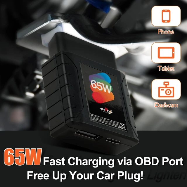 Alt view image 2 of 5 - 65W High-Power Car OBD2 to USB Adapter with Dual USB-C/USB-A Ports - Constant 12V/24V Power for Dash Cameras, Phone Charging & More - OBD2 Diagnostic Port Compatible