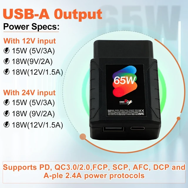 Alt view image 5 of 5 - 65W High-Power Car OBD2 to USB Adapter with Dual USB-C/USB-A Ports - Constant 12V/24V Power for Dash Cameras, Phone Charging & More - OBD2 Diagnostic Port Compatible