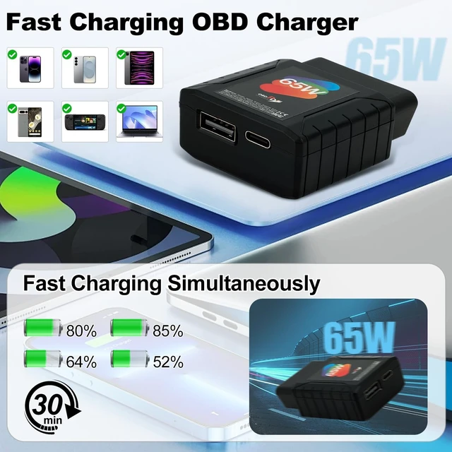 Alt view image 4 of 5 - 65W High-Power Car OBD2 to USB Adapter with Dual USB-C/USB-A Ports - Constant 12V/24V Power for Dash Cameras, Phone Charging & More - OBD2 Diagnostic Port Compatible