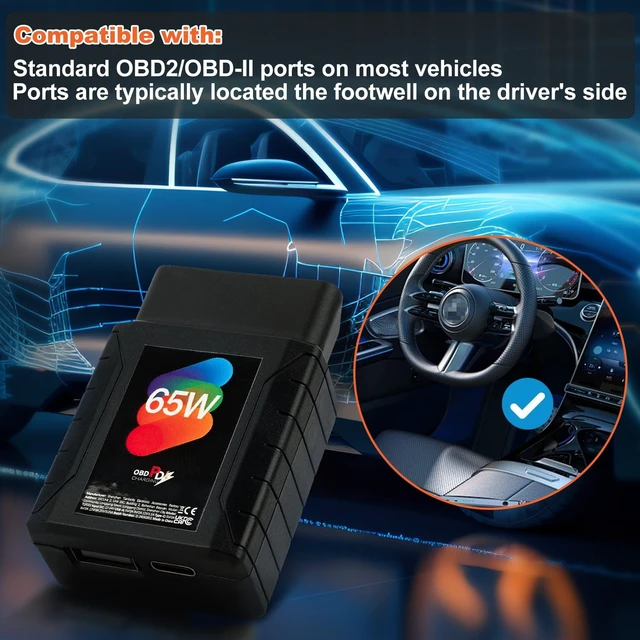 Alt view image 3 of 5 - 65W High-Power Car OBD2 to USB Adapter with Dual USB-C/USB-A Ports - Constant 12V/24V Power for Dash Cameras, Phone Charging & More - OBD2 Diagnostic Port Compatible