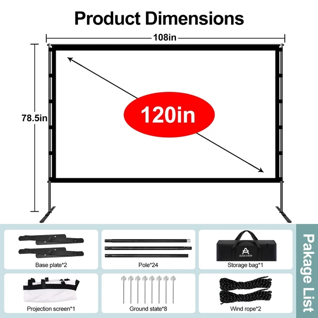 Alt view image 4 of 5 - 120 Inch 16:9 Projector Screen,Portable 4K HD Anti-Crease Projection Screen with Stand, Indoor Outdoor Movie Screen for Home Theater Backyard Camping Travel