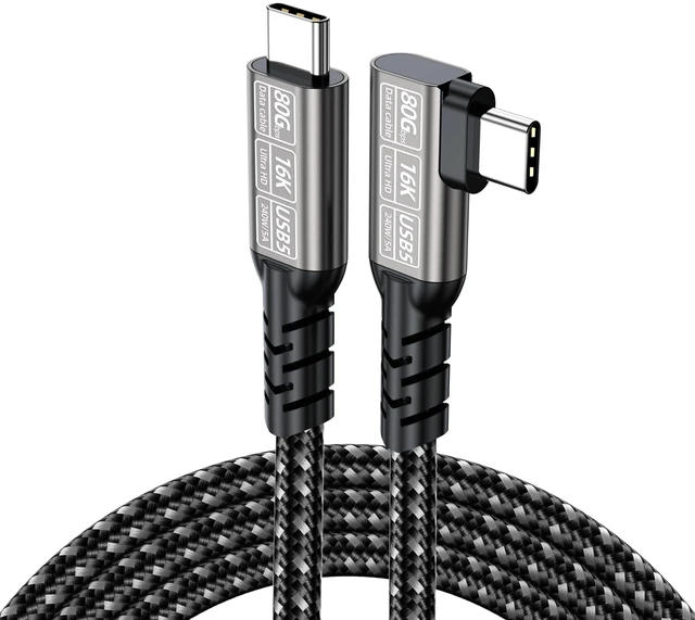 Main image of JUIXINVIM USB5 Long Data Cable, USB4 80Gbps USB C to USB C Cable 240W PD 3.1, 90 Degree Right Angle, High-Resolution Video, Thunderbolt 4/3 Compatible, Braided Type C Cord, Silver Gray 6.56FT