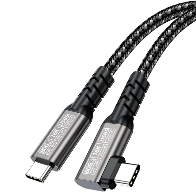 Alt view image 2 of 2 - JUIXINVIM USB5 Long Data Cable, USB4 80Gbps USB C to USB C Cable 240W PD 3.1, 90 Degree Right Angle, High-Resolution Video, Thunderbolt 4/3 Compatible, Braided Type C Cord, Silver Gray 6.56FT