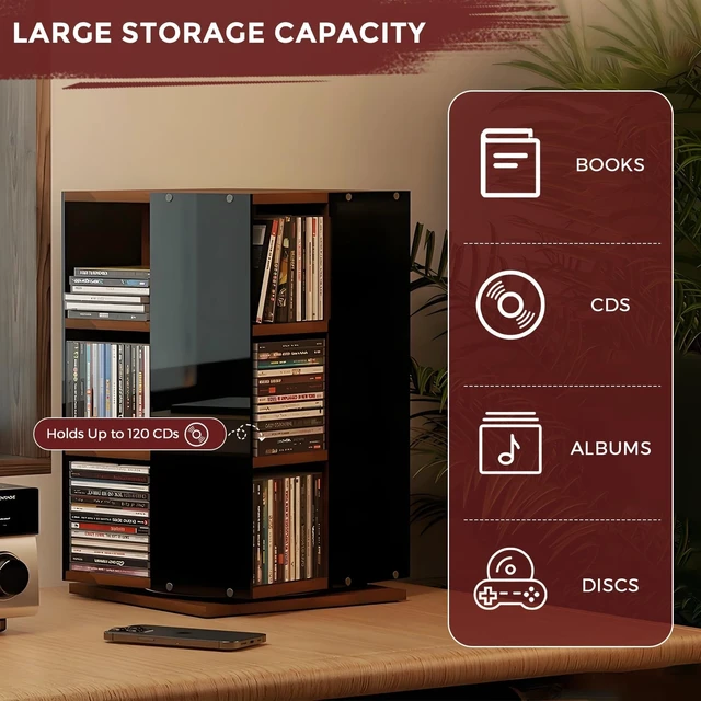 Alt view image 4 of 5 - Rotating Vinyl Record Storage, 4-Side Open Display CD Rack Tower for Desk