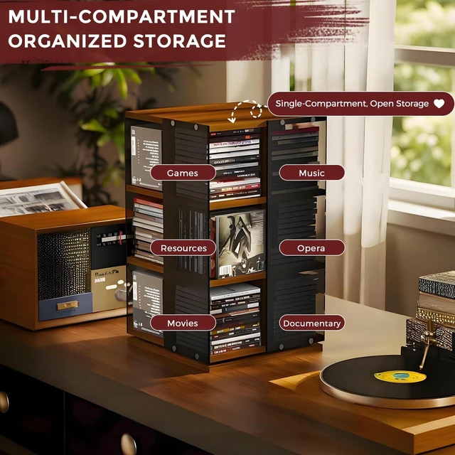 Alt view image 3 of 5 - Rotating Vinyl Record Storage, 4-Side Open Display CD Rack Tower for Desk