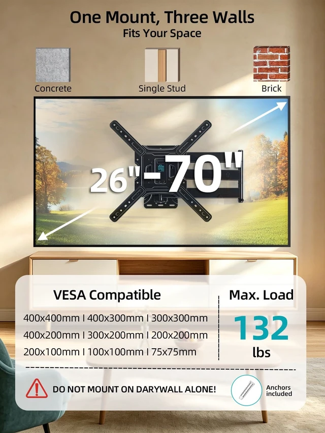 Alt view image 3 of 5 - HCMOUNTING Corner TV Wall Mount Long Arm for 2670 Inch TVs up to 132 lbs