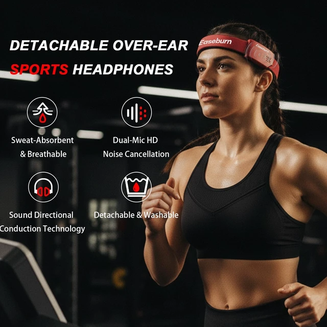 Alt view image 3 of 5 - EaseBurn Open Ear Bluetooth Headband Headphones, Air Conduction Wireless Sport Headphones, Sweatproof Breathable Washable Running Headphones for Workout Outdoor Sports (Red)