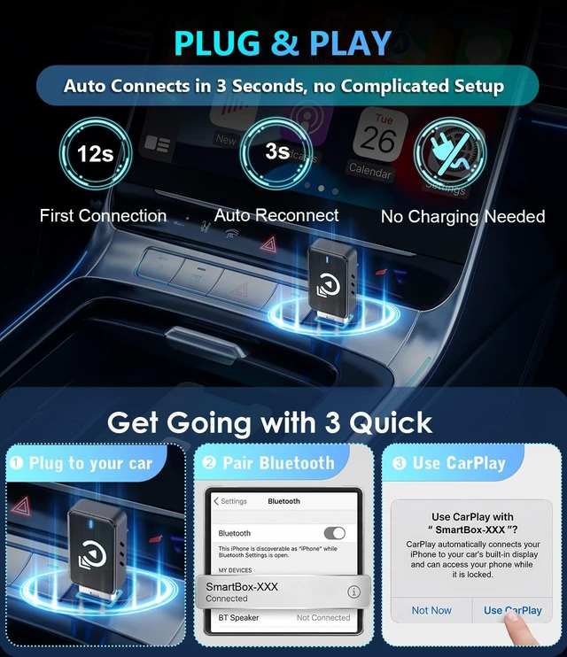 Alt view image 3 of 5 - KUYTN Wireless CarPlay Adapter for Apple iPhone - 2027 Upgraded CarPlay Wireless Adapter with USB C/A, Ultra-mini Bluetooth Car Play Adapter - 3s Auto Connect Stable Connection - Space B