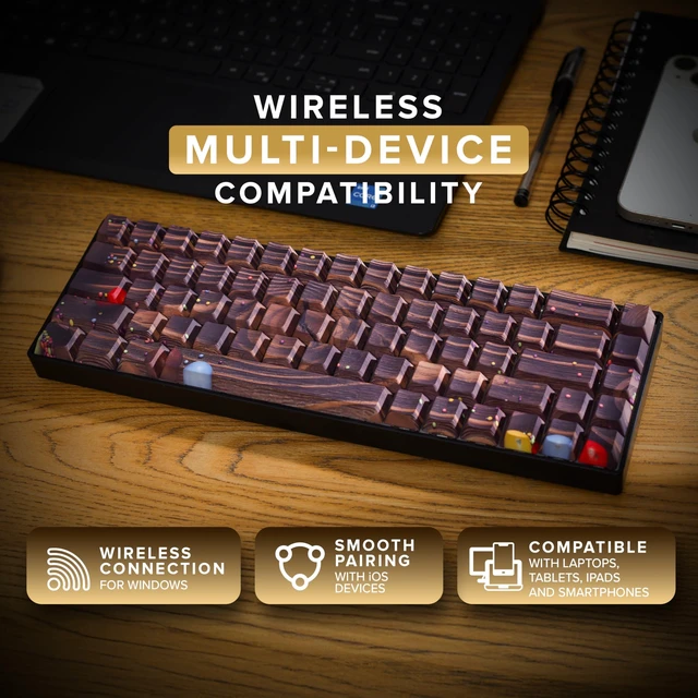 Alt view image 3 of 5 - Wood Pattern Mechanical Keyboard Wireless & Bluetooth Brown Keyboard RGB Backlit Hot-Swappable PBT Keycaps Aesthetic Keyboard for Mac, Windows, iOS & Android Ergonomic Gaming & Office Keyboar
