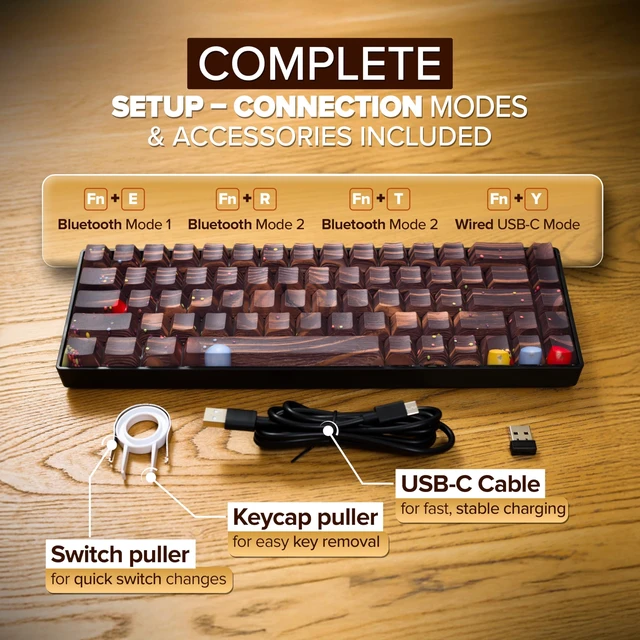 Alt view image 4 of 5 - Wood Pattern Mechanical Keyboard Wireless & Bluetooth Brown Keyboard RGB Backlit Hot-Swappable PBT Keycaps Aesthetic Keyboard for Mac, Windows, iOS & Android Ergonomic Gaming & Office Keyboar