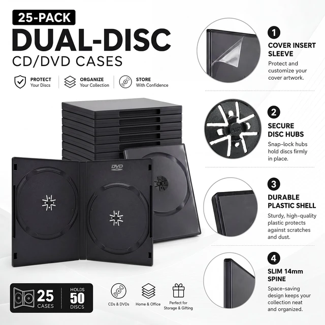 Alt view image 4 of 5 - Sabary 25 Pcs 14 mm Double CD Jewel Cases with Cover Slot Standard 2 Discs Capacity Plastic Blank DVD Case Replacement for CD/DVD Protection
