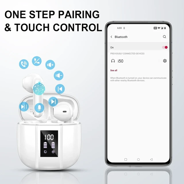 Alt view image 4 of 5 - zakotu Wireless Earbuds 2026, Ear Buds LED Power Display Headphones Bass Stereo, Bluetooth Earbuds in-Ear Noise Cancelling Mic, Mini Case Sports Earphones,White
