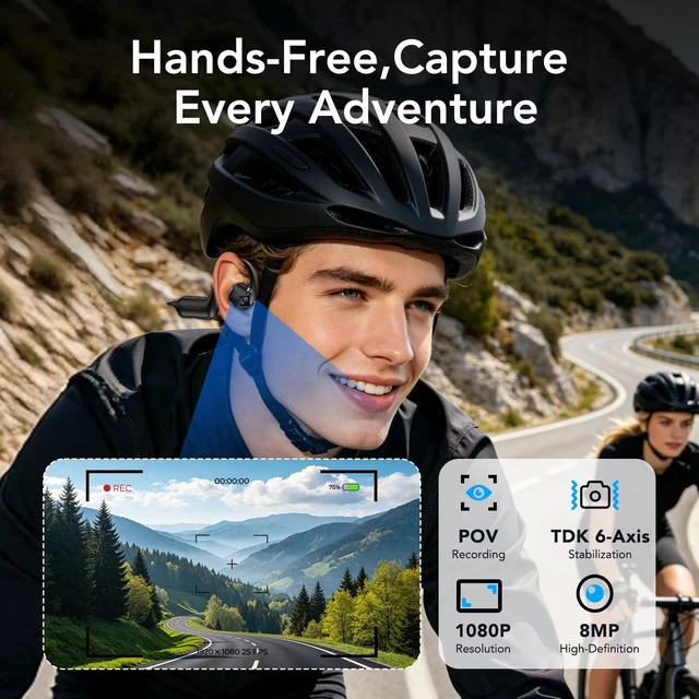 Alt view image 2 of 5 - BEARTAIN E12 Bone Conduction Headphones with Camera, Hand-Free POV Camera Headphones, AI Functions, IP54 Waterproof, Bluetooth Open-Ear Wireless Sports Headset for Running Cycling with APP