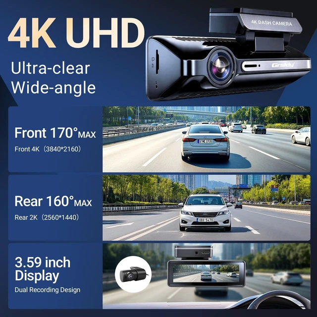Alt view image 3 of 5 - Grskiy 4K Dash Cam Front and Rear, Car Dash Camera with Built-in GPS, 5GHz WiFi, Night Vision, G-Sensor, 64GB SD Card, Loop Recording, 3.59 Inch Screen, 170 Wide Angle, Parking Monitor
