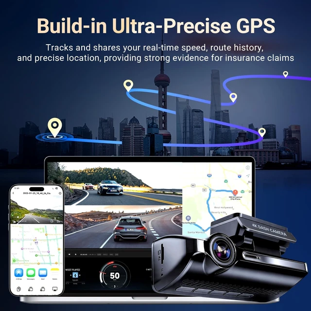Alt view image 4 of 5 - Grskiy 4K Dash Cam Front and Rear, Car Dash Camera with Built-in GPS, 5GHz WiFi, Night Vision, G-Sensor, 64GB SD Card, Loop Recording, 3.59 Inch Screen, 170 Wide Angle, Parking Monitor