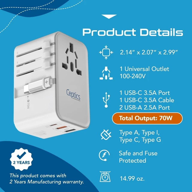 Alt view image 5 of 5 - Ceptics 70W Universal Adapter, USB-C Cable, 3 USB Ports & Universal Socket