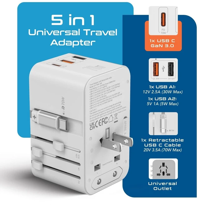 Alt view image 2 of 5 - Ceptics 70W Universal Adapter, USB-C Cable, 3 USB Ports & Universal Socket