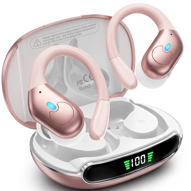 Main image of Active Noise Cancelling Ear Buds Wireless Earbuds 90H Playtime Bluetooth Headphones Stereo Bass Over-Ear Hooks Earphones with Power Display Case IPX7 Waterproof Headset for Workout/Running, Ros