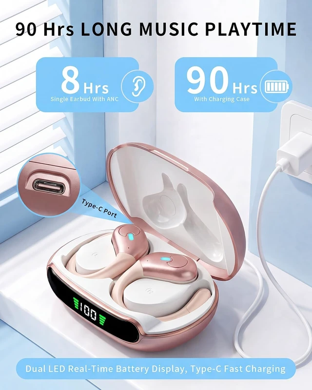 Alt view image 3 of 5 - Active Noise Cancelling Ear Buds Wireless Earbuds 90H Playtime Bluetooth Headphones Stereo Bass Over-Ear Hooks Earphones with Power Display Case IPX7 Waterproof Headset for Workout/Running, Ros