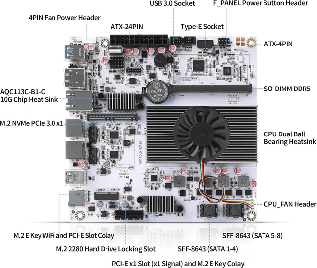 Alt view image 3 of 5 - 8-Bay NAS Mini ITX 10Gbps NAS Motherboard Adaptable to Support 8sata One 10Gbps Electrical Port Two 2.5G Electrical Ports Two m.2 nvme Two pcie3.0 Type-c 10Gbps (N150+2x8643)