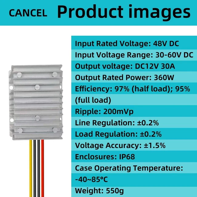 Alt view image 5 of 5 - DC 36V/48V Step Down to 12V 30A 360W Converter Regulator Power Supply Module Buck Transformer, Waterproof Voltage Reducer for Golf Cart, forklifts Car