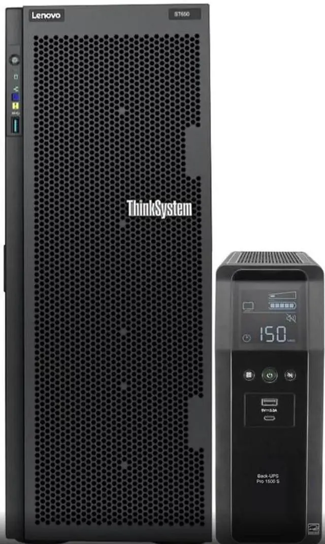 Main image of Lenovo ThinkSystem ST650 Tower Server Bundle with UPS Battery Backup, 2 x Intel Xeon Silver 4309Y, 128GB DDR4, 2TB SSD, 24TB HDD, RAID, Matrox G200 Graphics